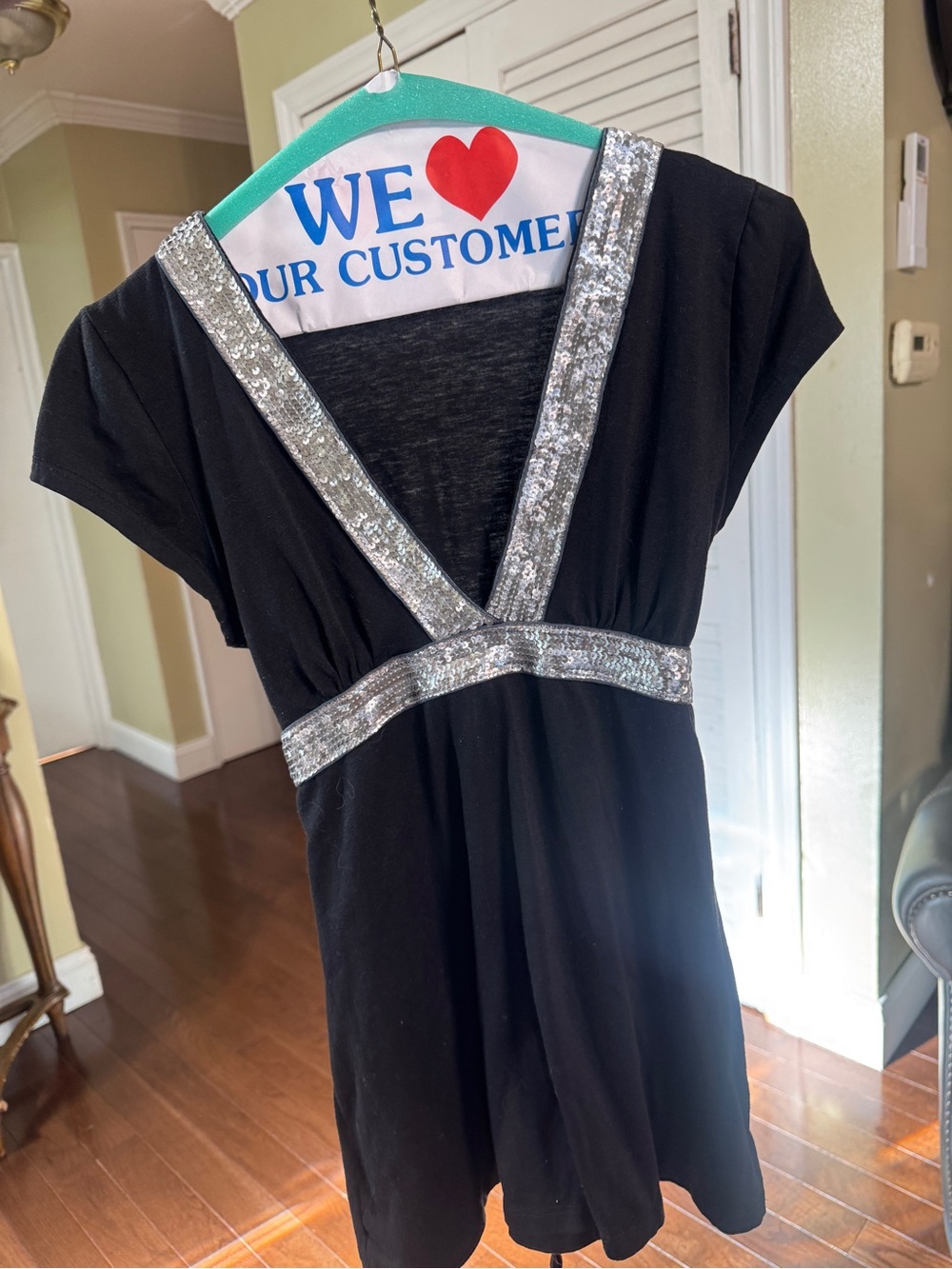 Y2K Short Sleeve Deep V Neck with Silver Sequins & Tie Back